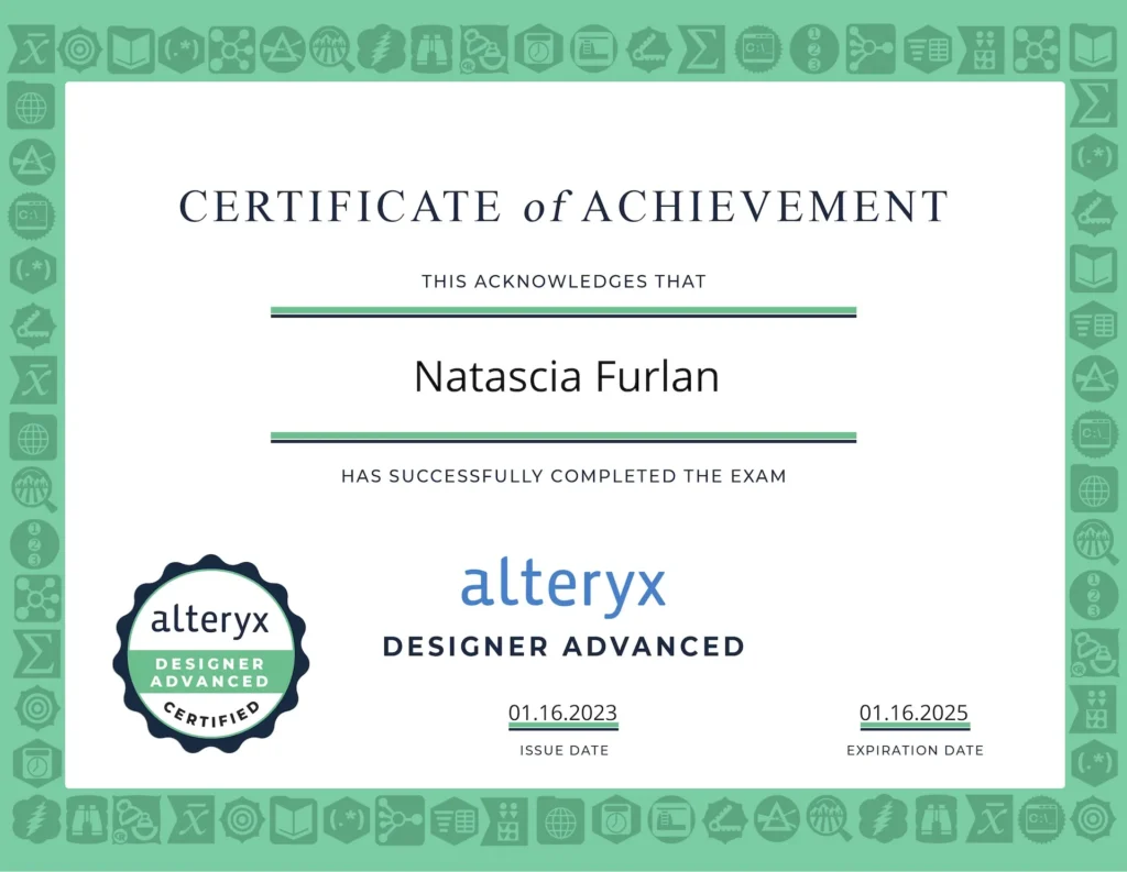 Official Alteryx Designer Advanced Certification awarded to N. Furlan, demonstrating expertise in complex workflows and data transformation.