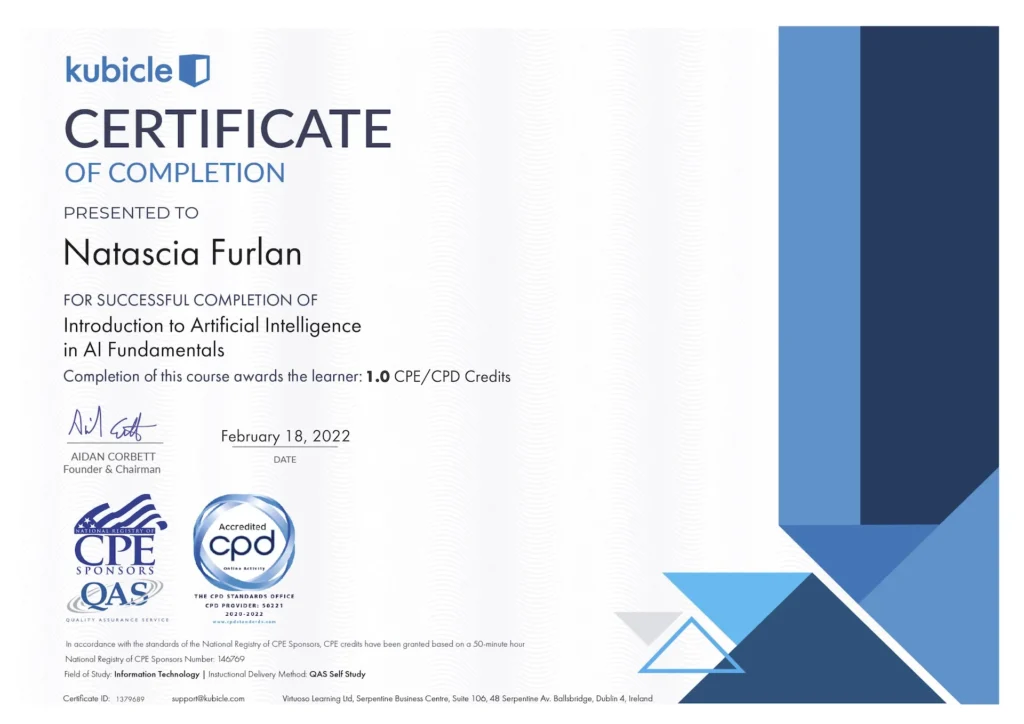 Kubicle certificate “Introducing to Artificial Intelligence in AI Fundamentals” awarded to N. Furlan, covering the basics of artificial intelligence concepts and applications.