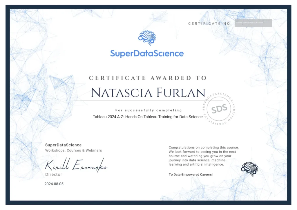 Certificate awarded to N. Furlan by SuperDataScience for completing “Tableau 2024 A-Z: Hands-On Tableau Training for Data Science”, focusing on practical data visualisation skills using Tableau.